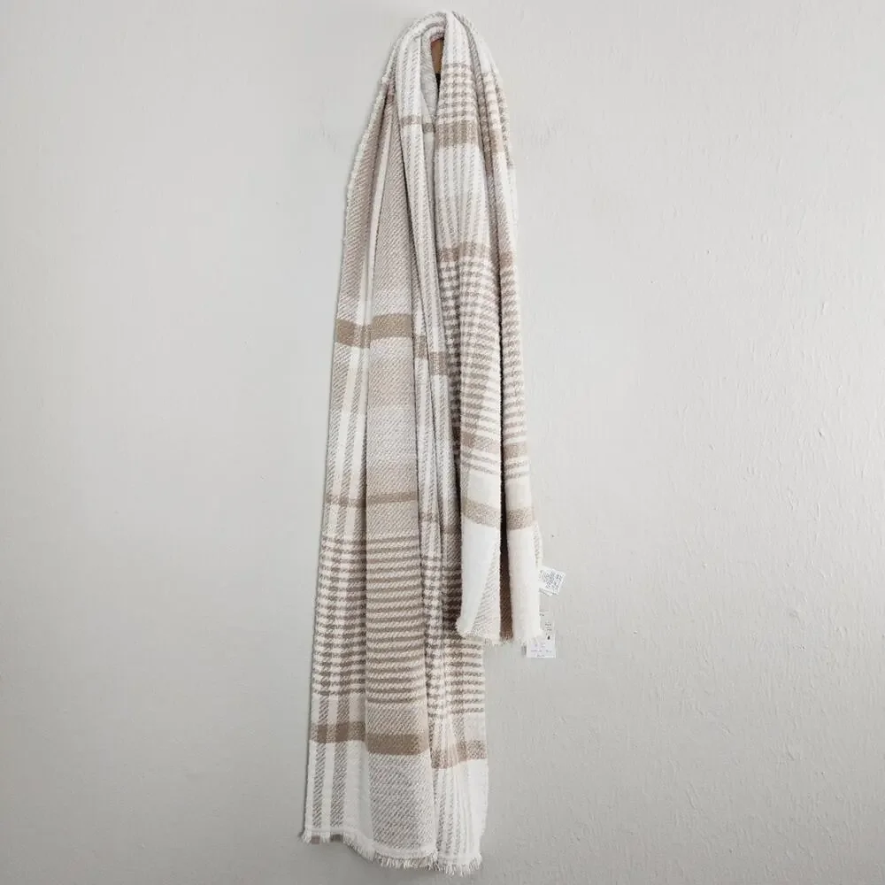 J.Crew Reversible Marled Plaid Chunky Fringe Scarf Tan Cream Off White NWT BU729